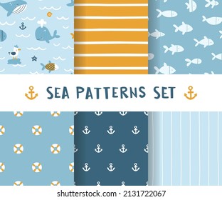 Set of sea baby cute patterns. Marine seamless vector prints collection. Nautical kids patterns bundle.