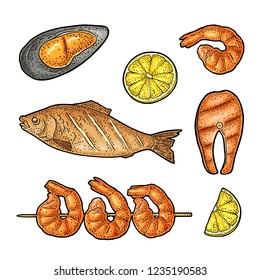 Set Sea BBQ Top View. Grilled Whole And Steak Fish, Oyster, Shrimp, Lemon. Vintage Color Vector Engraving Illustration. Isolated On White Background. Hand Drawn Design Element