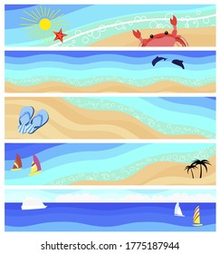 Set of sea beach banners: sun, crab, flip flops, yachts, palm trees, sandy beach, dolphins in the ocean.