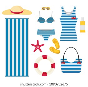 Set of sea and beach flat icons. Collection of design elements. Vector illustration. - Shutterstock ID 1090952675