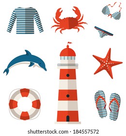 Set of sea and beach flat icons. Collection of design elements. Vector illustration.