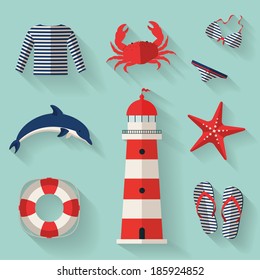 Set of sea and beach flat icons. Collection of design elements. Vector illustration.