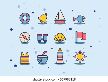Set Of Sea Beach Marine Cartoon Style. Vector.