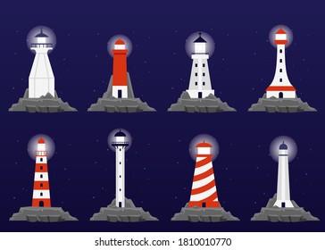 Set of sea beacon or lighthouse towers shining at night, flat cartoon vector illustration isolated on dark blue background. Nautical lighthouses bundle.