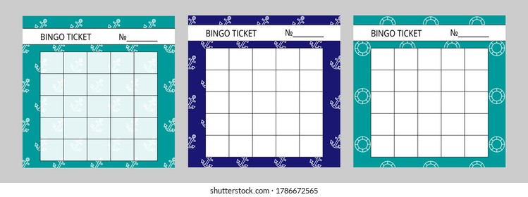 Set of sea bingo cards with place for numbers. Fun lottery templates with anchors on the blue and turquoise background. Vector illustration