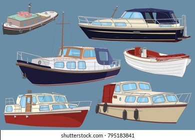Set of sea boats for travel. Thin black lines are in separate layers. Vector illustration. 
