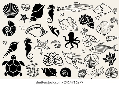 Set of sea bottom, shell, algae, fish.  Doodles. Handmade decorative elements. Vector illustration