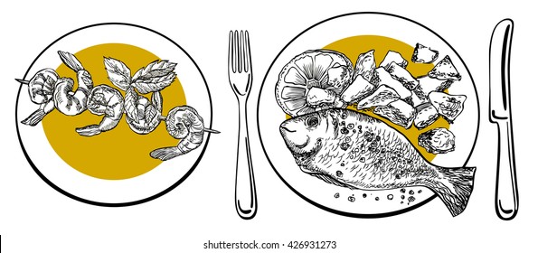 Set of sea bream fish with potato and shrimp barbecue. Hand drawn vector illustration. 
Seafood plates.