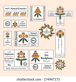 Set of the sea buckthorn labels, logos, banners, emblems for natural cosmetic products