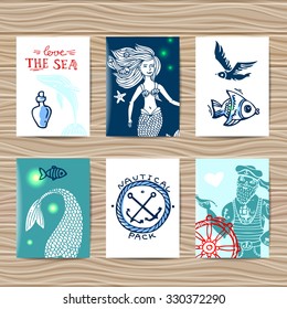 Set of sea card. Doodle native hand drawn postcards.