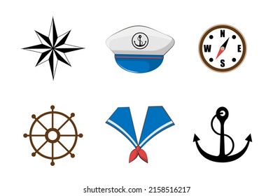 Set of sea cartoon icons. Marine cartoon icons include anchor, wheel, rose wind, sea cap Vector illustration