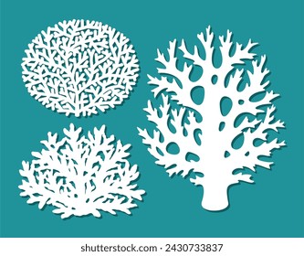 Set of sea corals. Hard bushes, sharp branches, rounded shape. Theme of the underwater world, aquatic life. Template for plotter laser cutting of paper, fretwork, wood carving, metal engraving, cnc. 