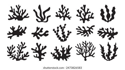 Set of sea corals and seaweed black silhouette. Aquarium plants, underwater ocean flora, algae. Vector illustration isolated on white background.