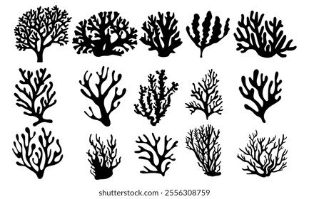 Set of sea corals and seaweed black silhouette. Aquarium plants, underwater ocean flora, algae. Vector illustration isolated on white background.