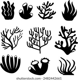 Set of sea corals and seaweed silhouette. Abstract shape of sea coral and seaweed black and white