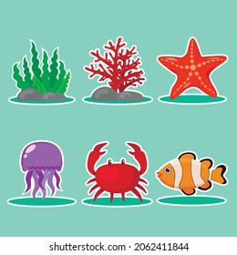 A set of sea creatures. Algae, coral, starfish, jellyfish, crab and clown fish.