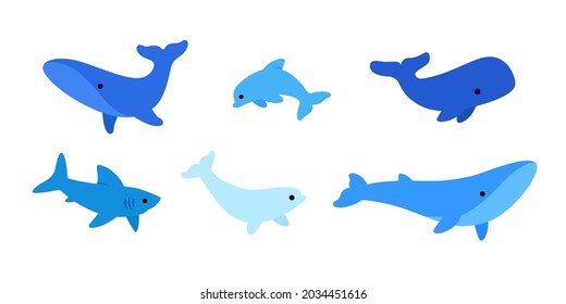 Set of sea creatures - blue whale, polar whale, beluga, sperm whale, shark, dolphin. Simple vector print.