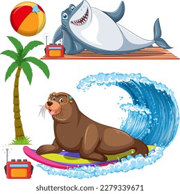 Set of sea creatures cartoon character in summer illustration