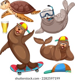 Set of sea creatures cartoon character in summer illustration