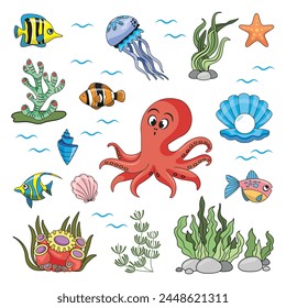 a set of sea creatures in cartoon style. Fish, ocean, shells, algae and corals. Color illustration for children books and activist books