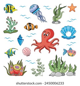 a set of sea creatures in cartoon style. Fish, ocean, shells, algae and corals. Color illustration for children books and activist books