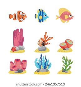 Set of sea creatures in cartoon style. Fish, coral and algae. Color illustration for children books and activist books. Cute children illustration