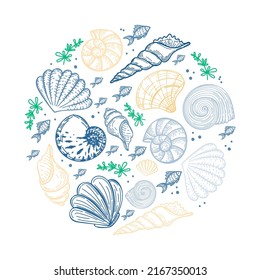 Set of sea creatures in a circle, hand-drawn in sketch style. Circle frame of seashells, seaweed and small fish. Pastel palette. Summer greeting card. 