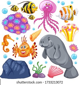 Set of sea creatures and corals on white background illustration
