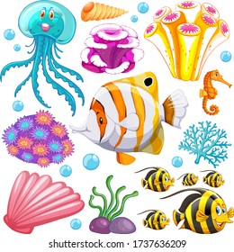 Set of sea creatures and corals on white background illustration
