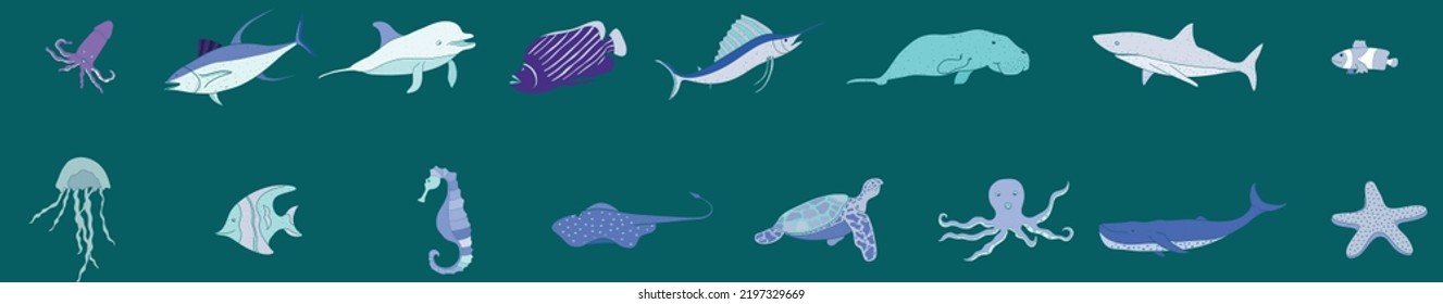 set of sea creatures fish animals. vector illustration eps10
