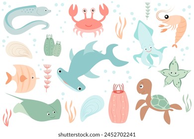 Set with sea creatures. Flat, cartoon style. Animals of seas and oceans. Vector illustration for design.