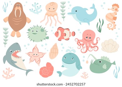 Set with sea creatures. Flat, cartoon style. Animals of seas and oceans. Vector illustration for design.