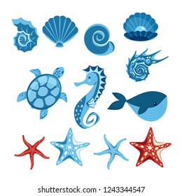 set of sea creatures. flat style