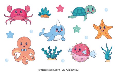 Set of sea creatures. Set with hand drawn sea life elements