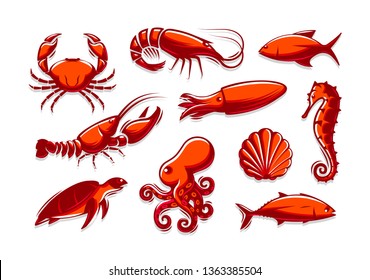 Set of sea creatures icons. Crab, shrimp, tuna, squid, lobster, octopus, shell, turtle, seahorse collection.  Cartoon red logo template. Vector illustration on white background.