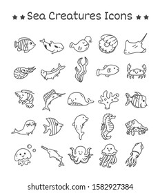 Set of Sea Creatures Icons in Doodle Style Vector Illustration