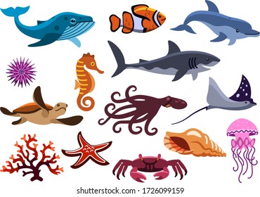 set sea creatures  isolated ocean animals