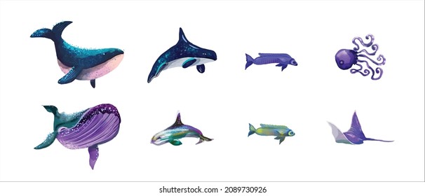 set of sea creatures. isolated ocean animals