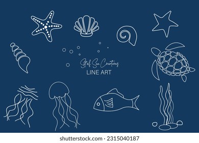 Set of sea creatures line art. Happy World oceans day background line art with the underwater ocean, shiny light coral, sea plants, fish, sea stars, and turtles.