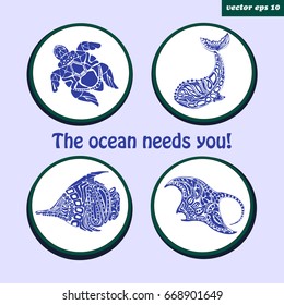 Set of sea creatures logos inside the circles. Turtle, fish, whale, manta. Hand drawn illustrations. Elements for your designs, logos, prints, stickers, decoration.
