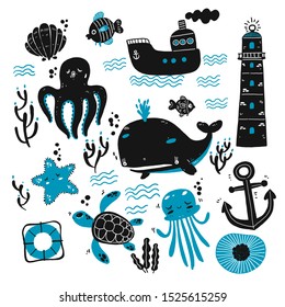 Set of sea creatures and marine sketches. Hand drawn vector illustration. Outline with transparent background	