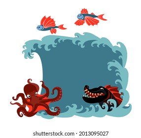 a set of sea creatures, monsters, flying fish, red octopus, black dragon, a space for text on a wave, a color vector illustration isolated on a white background in a cartoon style and a flat design