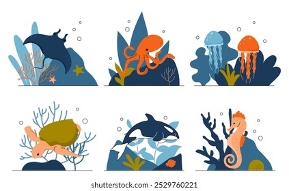 Set of sea creatures. Octopus and meduses, turtle and sea horse, shark. Zoology and biology. Unwerwater world and sea life. Flat vector collection isolated on white background