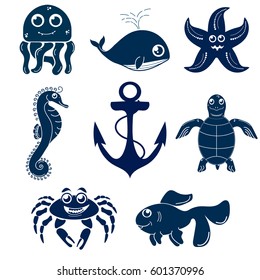 Set of sea creatures: octopus, whale, starfish, seahorse, anchor, turtle, crab, fish. Vector icons. The isolated image. This is for video mobile applications web sites print projects