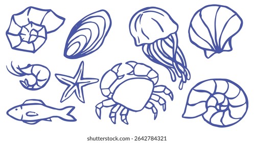 set with sea creatures on the theme of sea holidays. retro collection in doodle style