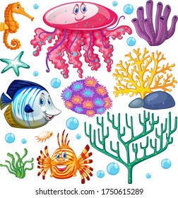 Set of sea creatures on white background illustration