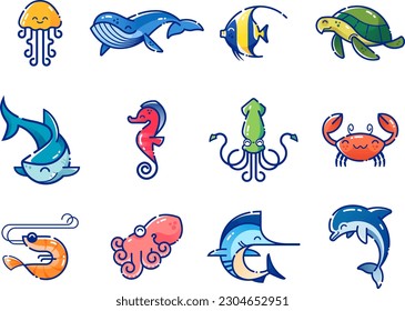Set of sea creatures on white background. Jellyfish, whale, moorish idol, tropical fish, turtle, shark, seahorse, squid, crab, shrimp, octopus, marlin, dolphin in cute colorful MBE style