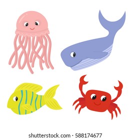 Set of sea creatures - pink jellyfish, blue whale, yellow fish and red crab. Funny marine animals. Underwater characters. Cartoon sea animals isolated on white background. Vector illustration.