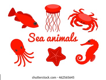 Set of sea creatures. Red cartoon sea animals isolated on white background. Vector illustration.