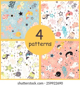 Set of sea creatures seamless pattern. Childish background. Holiday design. Vector illustration.